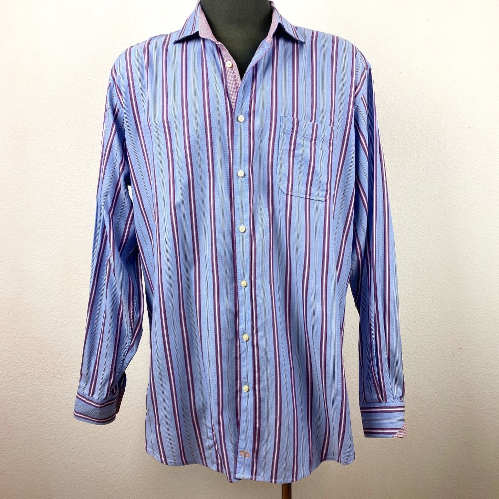 TD Thomas Dean Mens Blue Stripe Cotton Shirt XXL Long Sleeve Button Cuff Flip